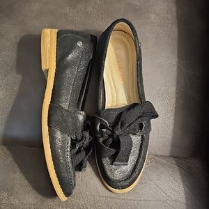 Hush Puppies Black Glitter Loafers with Bow